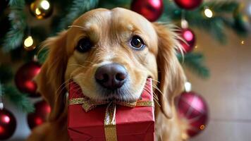 Dachshund puppy grasping wrapped present, sitting near sparkling christmas tree with festive illumination video