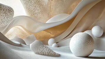 White perforated spheres and organic shapes create a surreal and dreamlike landscape in a minimalist and modern composition video