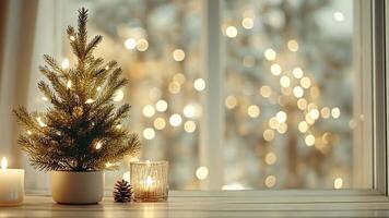 Small christmas tree with burning candles on a windowsill, creating a warm and festive atmosphere copy space for your text video