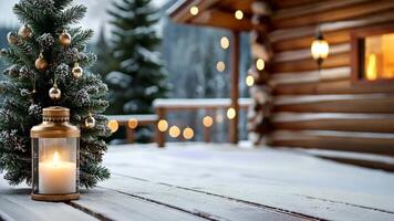 Snow dusted balcony with small christmas tree and flashlight lit lantern, blurred chalet and festive lights candle in background video