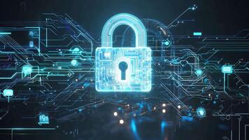 Electronic padlock with glowing circuits represents cybersecurity and data protection in virtual environment video