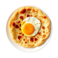 A golden brown paratha served alongside a sunny side up egg garnished with a sprinkle of black pepper png