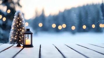Snow dusted balcony with small christmas tree and flashlight lit lantern, blurred chalet and festive lights candle in background video