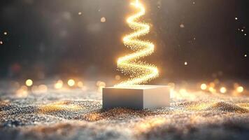 Elegant spiral christmas tree adorned with a shining star, against a snowy background during a gentle snowfall, evoking a enchanting winter scene video