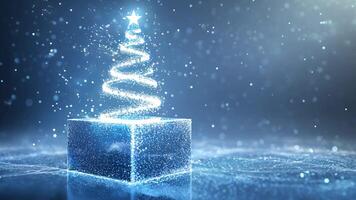 Festive and dreamy atmosphere created by a magical christmas tree growing from a gift box in a snowy setting with falling snowflakes copy space for your text video