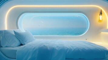 Efficient capsule hotel room setup with a sliding door and ambient lighting, compact Contemporary bedroom with round windows, built in lighting, designed for solo travelers video