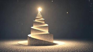 Elegant spiral christmas tree adorned with a shining star, against a snowy background during a gentle snowfall, evoking a enchanting winter scene video