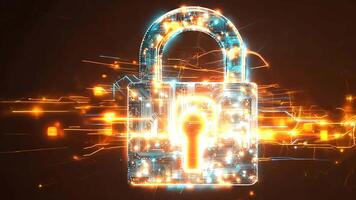 Electronic padlock with glowing circuits represents cybersecurity and data protection in virtual environment video