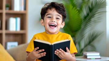 Happy child boy preschooler holding an open book education, enjoying story time in a comfortable home setting a portrait video