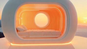 efficace capsule Hôtel pièce installer avec une glissement porte et ambiant éclairage, compact contemporain chambre avec rond les fenêtres, construit dans éclairage, conçu pour solo les voyageurs video