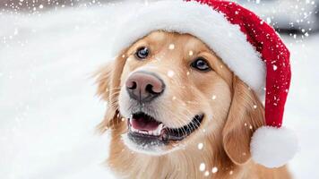 A dog wearing red santa hat holds Christmas decorations winter. Empty space for text. White background copy space for your text video