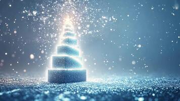 Festive and dreamy atmosphere created by a magical christmas tree growing from a gift box in a snowy setting with falling snowflakes copy space for your text video