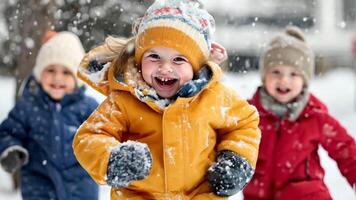 Three happy kids frolicking and having fun in a snowy winter wonderland, embracing the wonder of childhood video