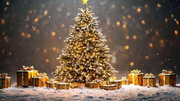 Christmas tree with glowing star topper, surrounded by gifts on snowy ground with falling snow winter and bokeh lights background video