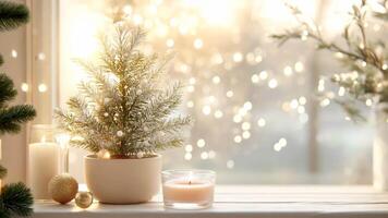 Small christmas tree with burning candles on a windowsill, creating a warm and festive atmosphere copy space for your text video