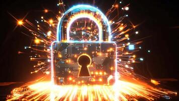 Electronic padlock with glowing circuits represents cybersecurity and data protection in virtual environment video