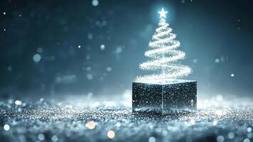 Festive and dreamy atmosphere created by a magical christmas tree growing from a gift box in a snowy setting with falling snowflakes copy space for your text video
