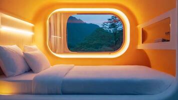 Efficient capsule hotel room setup with a sliding door and ambient lighting, compact Contemporary bedroom with round windows, built in lighting, designed for solo travelers video