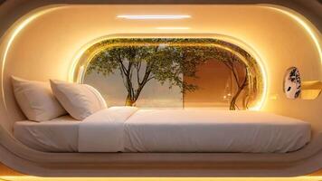 efficace capsule Hôtel pièce installer avec une glissement porte et ambiant éclairage, compact contemporain chambre avec rond les fenêtres, construit dans éclairage, conçu pour solo les voyageurs video