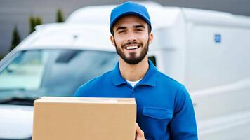 Happy deliveryman posing with a package in front of a delivery van video