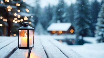 Snow dusted balcony with small christmas tree and flashlight lit lantern, blurred chalet and festive lights candle in background video