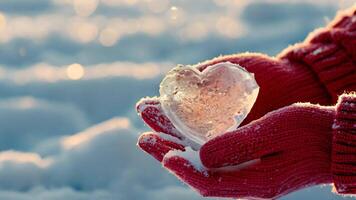 Red knitted woolen gloves holding a glowing snow heart against a blurred winter background with warm bokeh lights and falling snowflakes copy space for your text video