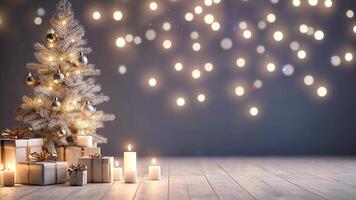 Festive christmas tree adorned with fairy lights, presents, and candles, adding a cozy ambiance to the room copy space for your text video