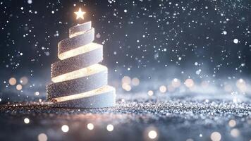 Elegant spiral christmas tree adorned with a shining star, against a snowy background during a gentle snowfall, evoking a enchanting winter scene video