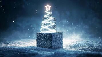 Festive and dreamy atmosphere created by a magical christmas tree growing from a gift box in a snowy setting with falling snowflakes copy space for your text video