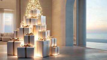 A luxurious Festive christmas tree adorned with fairy lights, presents, and candles, adding a cozy ambiance to the room video