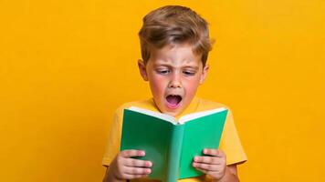 Shocked blond boy wearing a yellow t shirt holding reading a book with an amazed expression on a yellow background video
