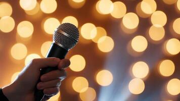 Masculin chanteur performant sur étape avec microphone, avec bokeh lumières dans le arrière-plan, création une chaud et de fête vibe video