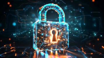Electronic padlock with glowing circuits represents cybersecurity and data protection in virtual environment video