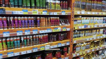 KYIV, UKRAINE - DEC 22, 2024. Numerous tubes and containers of adhesives and paints are organized neatly on shelves in a bright hardware store aisle, showcasing a variety of colors and types. video