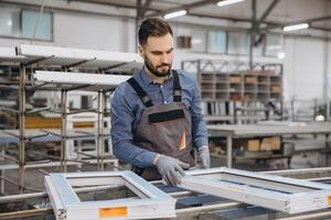 Factory worker assembling pvc window frame in workshop photo