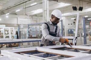 Factory worker assembling pvc windows in production line photo