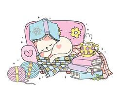 Cute Groovy Retro Winter Bookish Cat Sleeping on Cozy Sofa Illustration Hand Drawn Doodle. vector