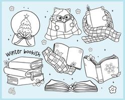 Groovy Retro Winter Bookish reading book Coloring Image Element Illustration Doodle Clipart Set vector