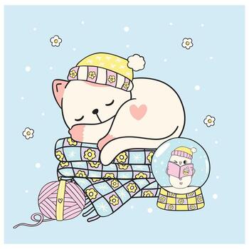 Cute Groovy Retro Cozy Winter Cat Sleeping on folded blanket Illustration Hand Drawn Doodle. vector