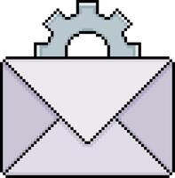 Pixel art envelope with gear in 8-bit style on white background vector