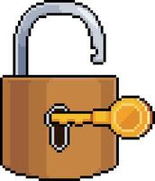 Pixel art of open padlock with golden key in 8-bit style on white background vector