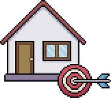 Pixel art of house with target and arrow icon in 8-bit style on white background vector