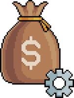Pixel art money bag with gear in 8-bit style on white background vector