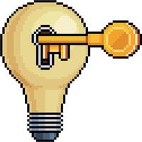 Pixel art of light bulb with a golden key in 8-bit style on white background vector
