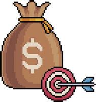 Pixel art of money bag with target and arrow icon in 8-bit style on white background vector
