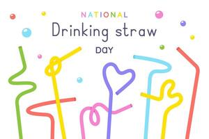 Various drinking straws of different shapes. National drinking straw day. Colour plastic drinking straws with bubbles of soda. Festive horizontal banner. Cartoon elements vector