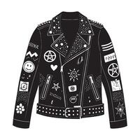 A black leather jacket covered in bold patches, pins, and slogans painted in white silhouette vector