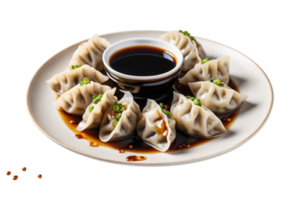 Delicious dumplings with soy sauce splashes tempt your taste buds png