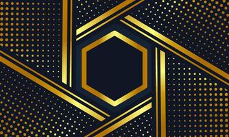 A sophisticated dark blue background featuring a gold hexagon framed by elegant lines and a subtle dotted pattern. Ideal for premium brands and high-end designs vector