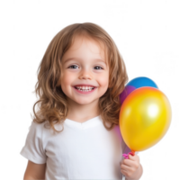 A joyful child beaming with a bright smile while holding a colorful balloon on a transparent background png